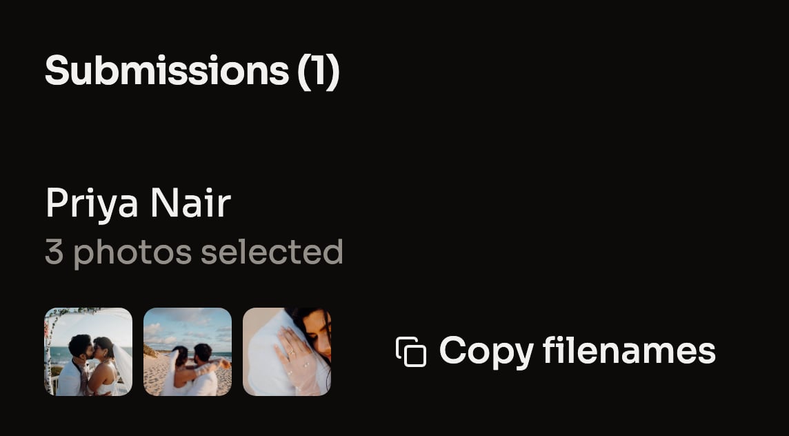 The delivered.photos dashboard showing a client's submitted picks with a one-click Copy filenames button.