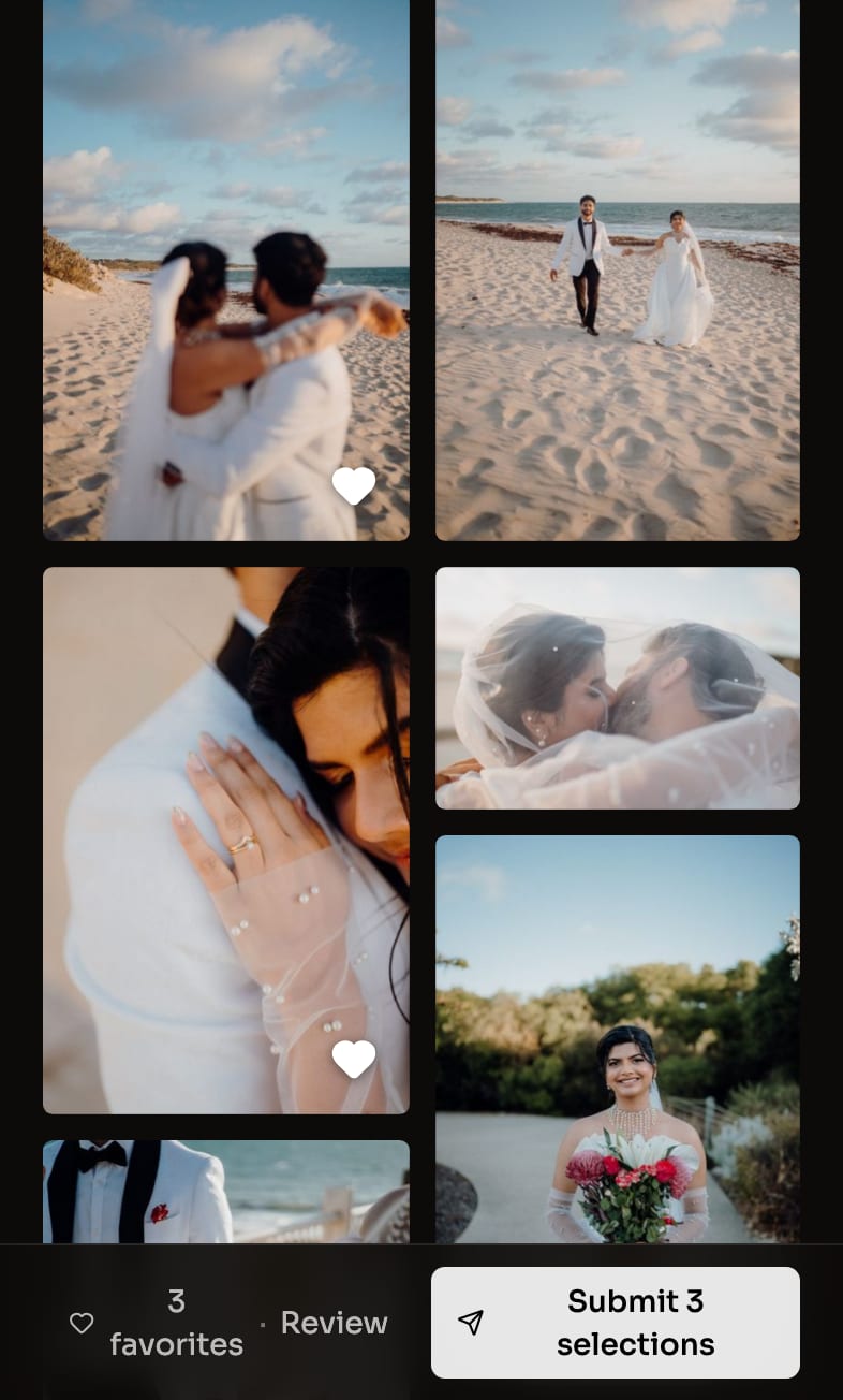 A client's gallery on their phone, with three photos hearted and a bar at the bottom to submit the selection.